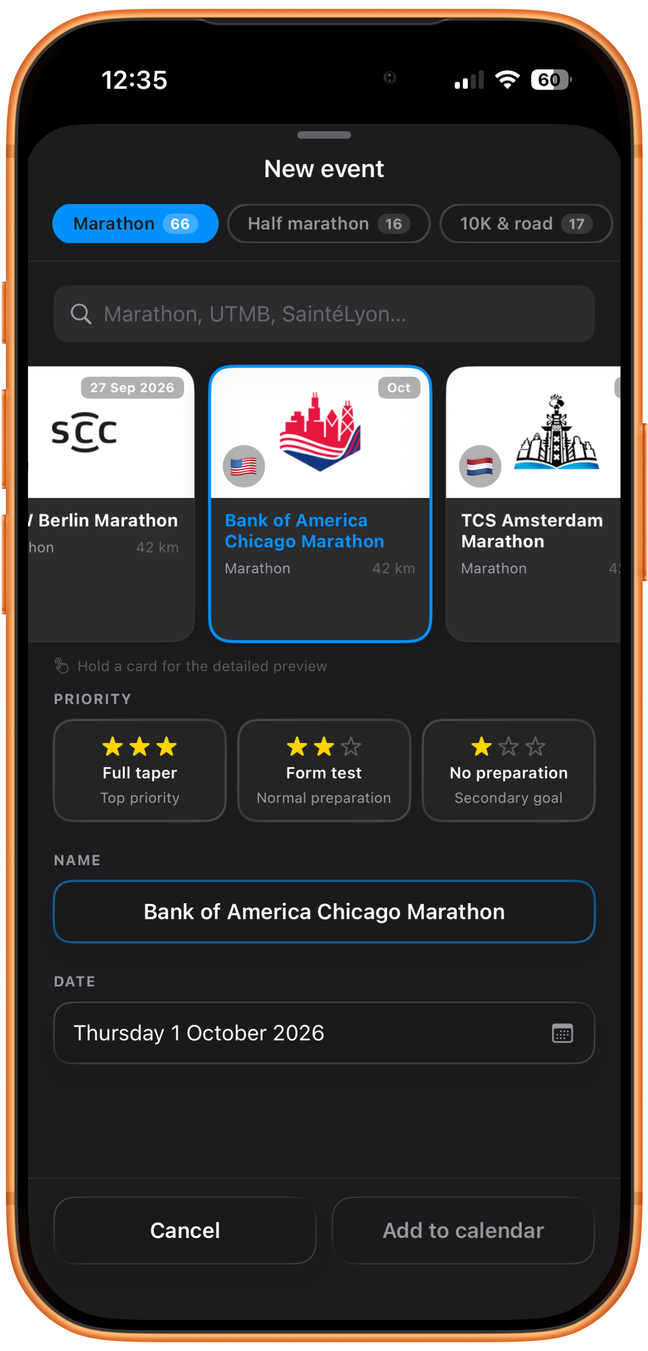 Running race in the calendar